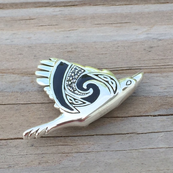 Raven in Flight Pendant .925 Sterling Silver w/ Black CZ and enamel Peter Stone - Picture 8 of 8